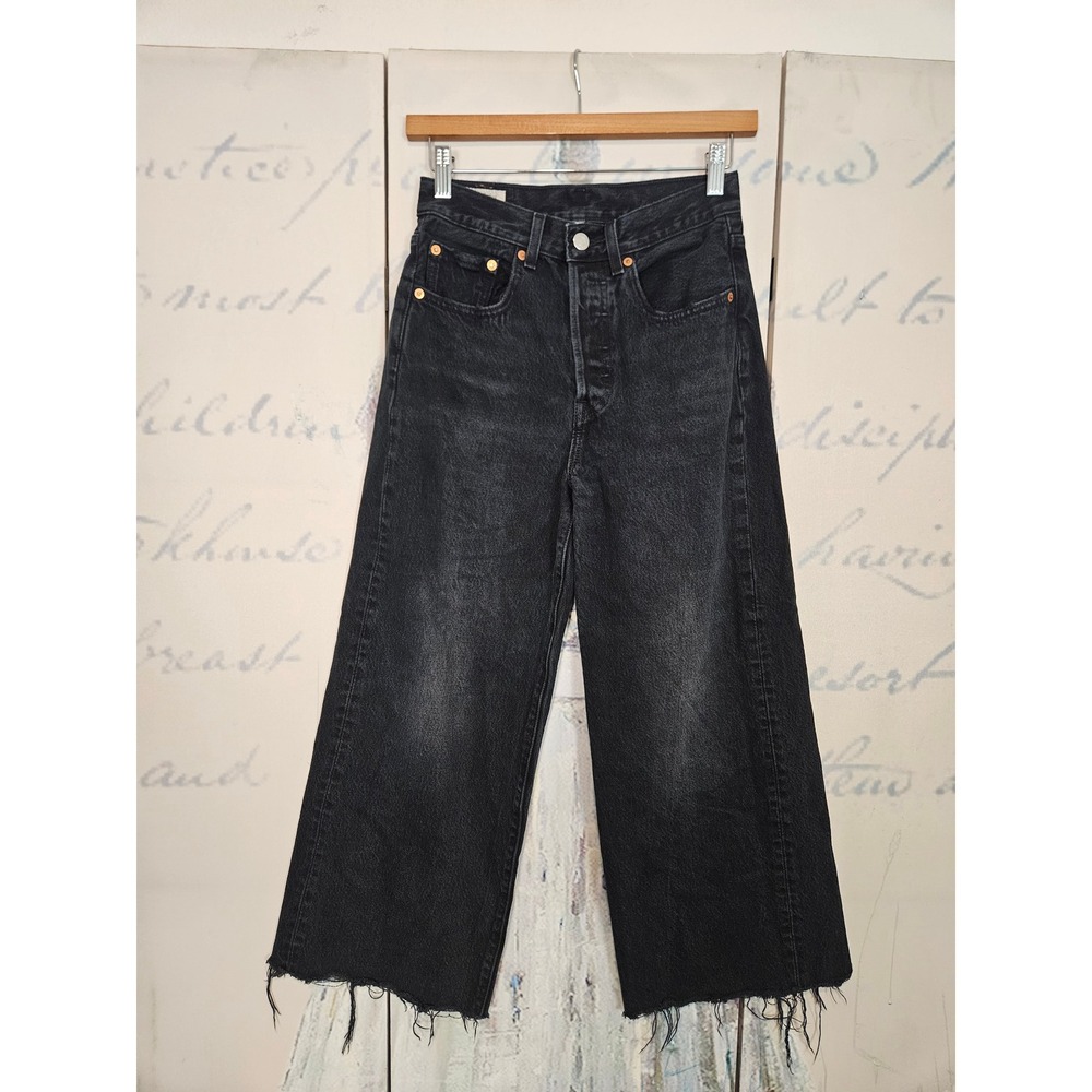 Levi's Premium Wide Leg Jeans 24 Black High Rise Raw‎ Hem Button Fly Denim